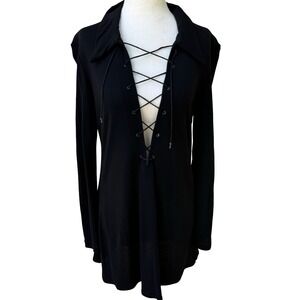 BCBG Max Azria Y2K Goth Whismigoth Black Lace Up‎ Witchy Grunge Minimalist Shirt